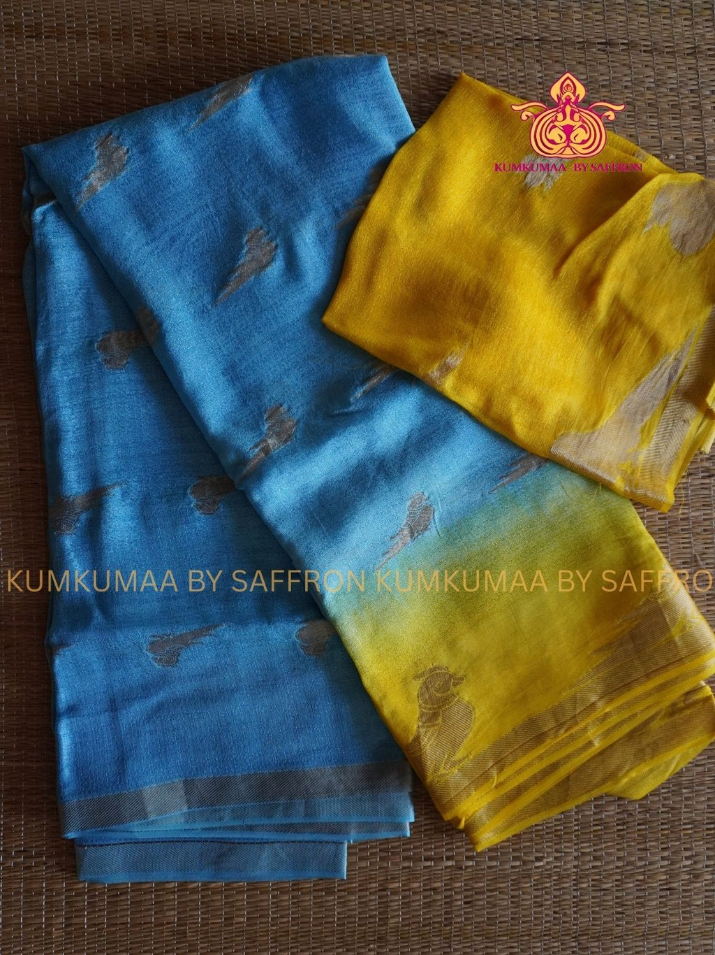 VISCOSE SAREE - BLUE AND YELLOW SAREE WITH PARROT WEAVING - PARTY WEAR - EXCLUSIVE KUMKUMAA COLLECTION-FLOWY MATERIAL- CHIC AND GORGEOUS