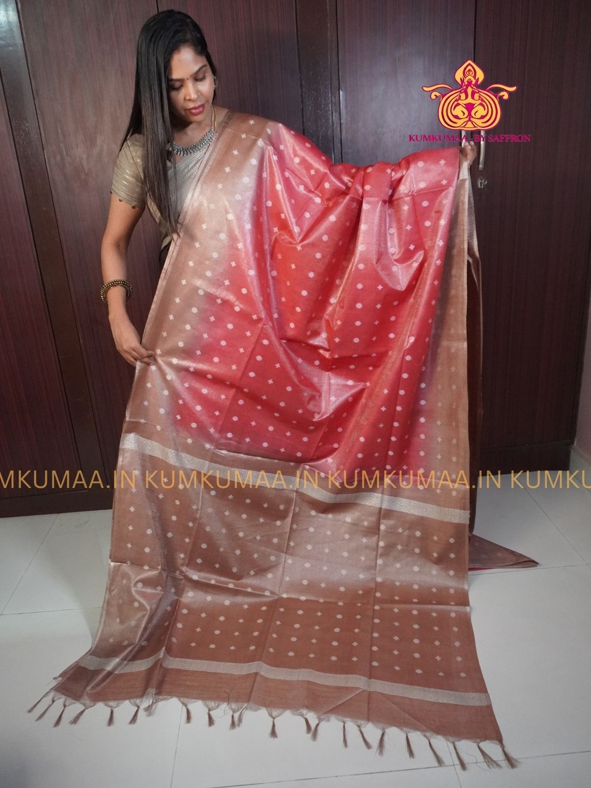FANCY SAREE - RED AND BEIGE - GOLD PRINTS ALL OVER- TRENDY WEAR SAREE- Beautiful saree for women - KUMKUMAA FANCY FOR ALL OCCASION