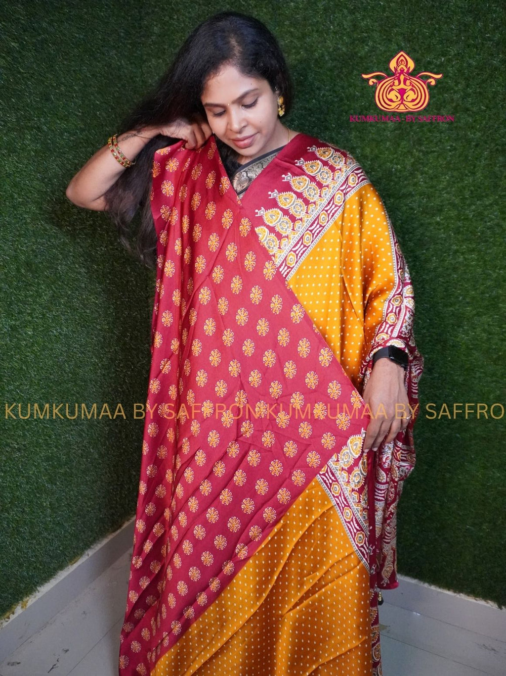 MODAL SILK - YELLOW WITH RED- DOTS DESIGN - TRENDY WEAR- LATEST COLLECTION - BUTTERY SOFT-KUMKUMAA BY SAFFRON - MODERN WEAR