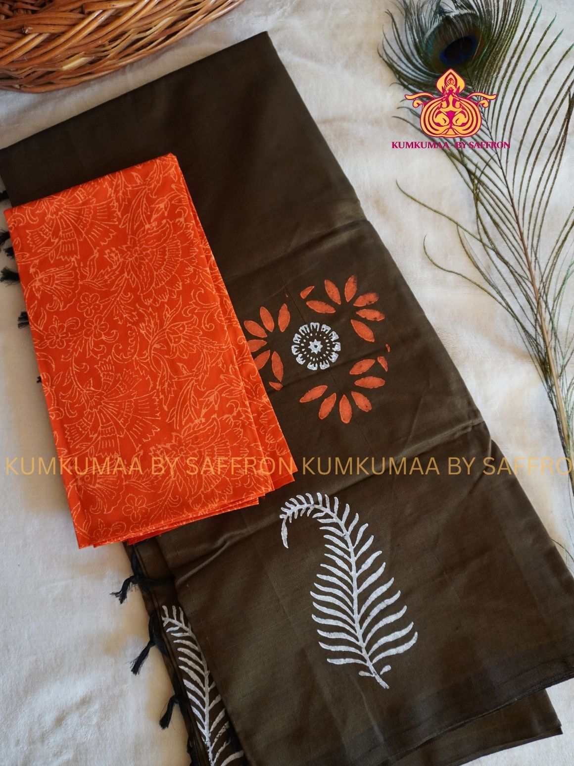 SOUTH COTTON-CHOCOLATE BROWN - ORANGE WITH WHITE HAND BLOCK PRINTED SAREE WITH RUNNING BLOUSE PLUS ADDITIONAL BLOUSE PIECE-KUMKUMAA COMFORT WEAR SAREE