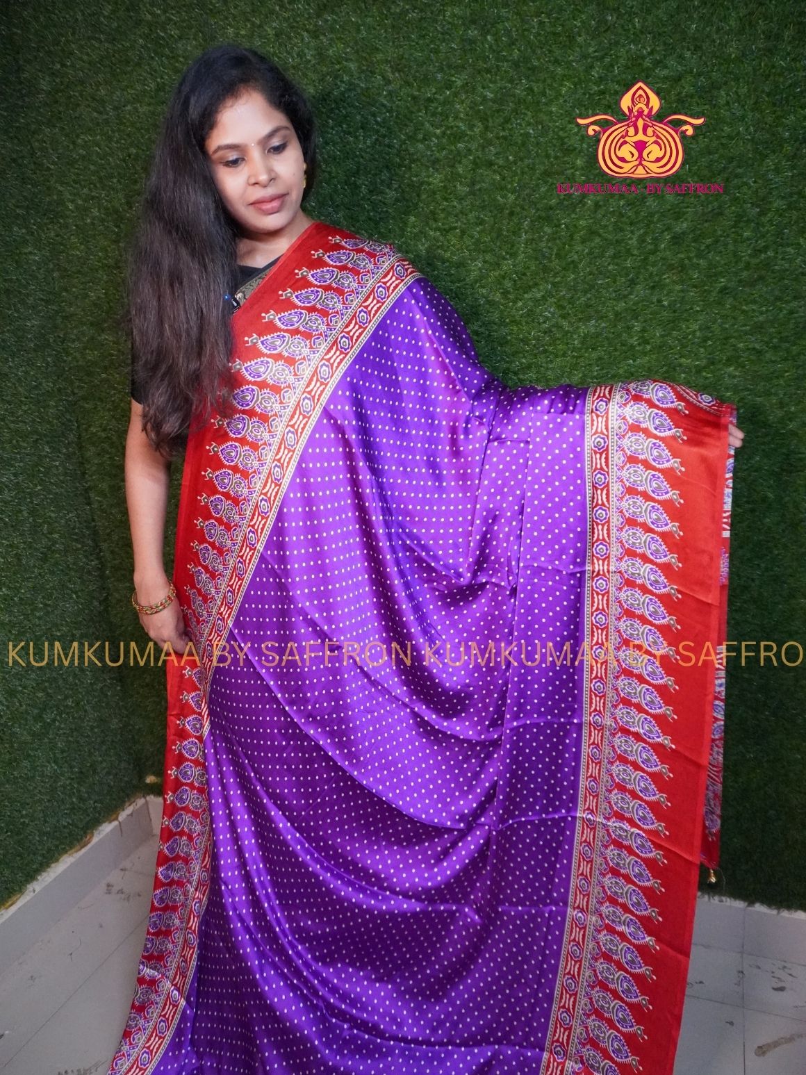MODAL SILK - PURPLE WITH RED- DOTS DESIGN - TRENDY WEAR- LATEST COLLECTION - BUTTERY SOFT-KUMKUMAA BY SAFFRON - MODERN WEAR