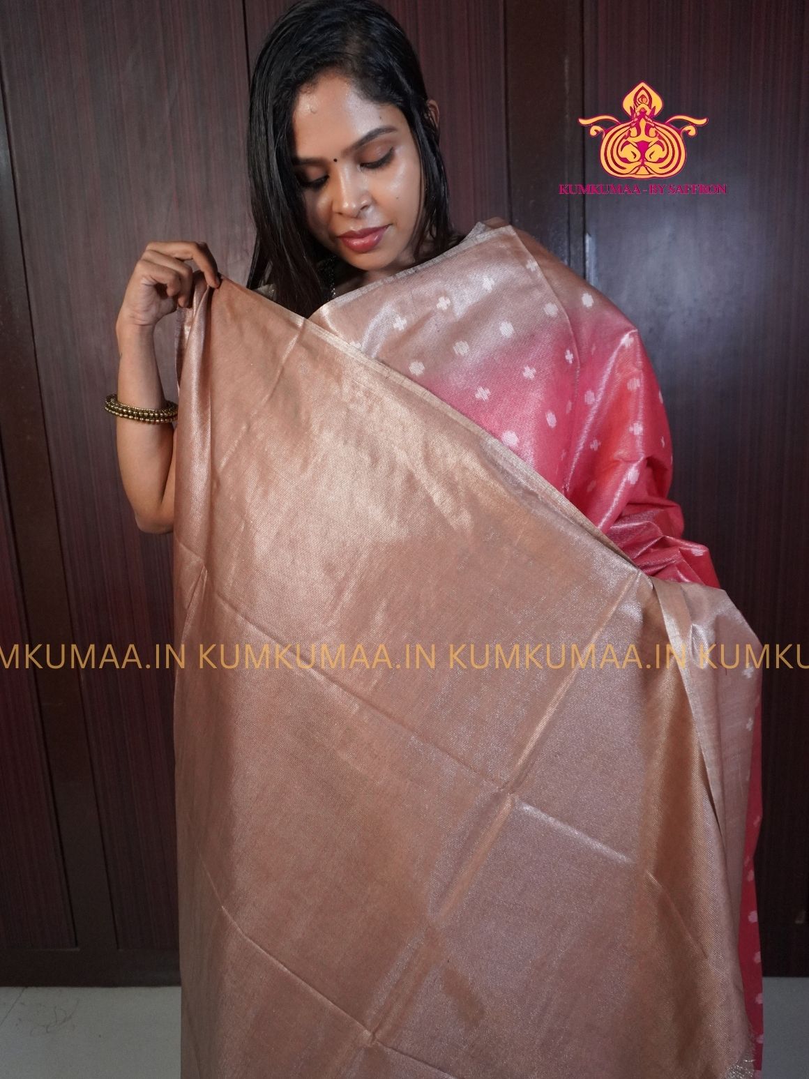 FANCY SAREE - RED AND BEIGE - GOLD PRINTS ALL OVER- TRENDY WEAR SAREE- Beautiful saree for women - KUMKUMAA FANCY FOR ALL OCCASION