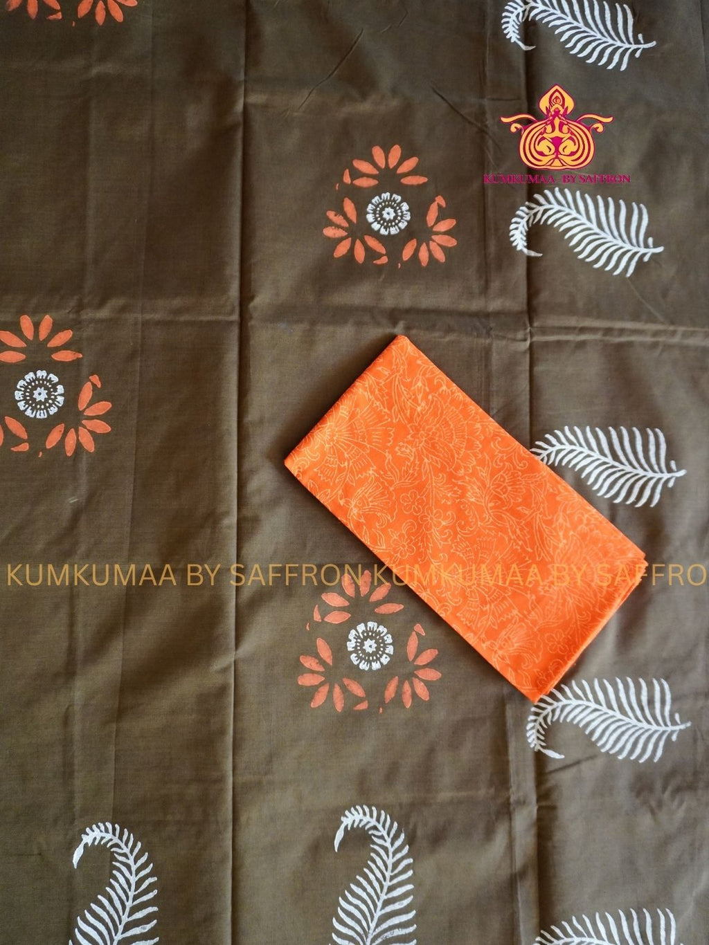 SOUTH COTTON-CHOCOLATE BROWN - ORANGE WITH WHITE HAND BLOCK PRINTED SAREE WITH RUNNING BLOUSE PLUS ADDITIONAL BLOUSE PIECE-KUMKUMAA COMFORT WEAR SAREE
