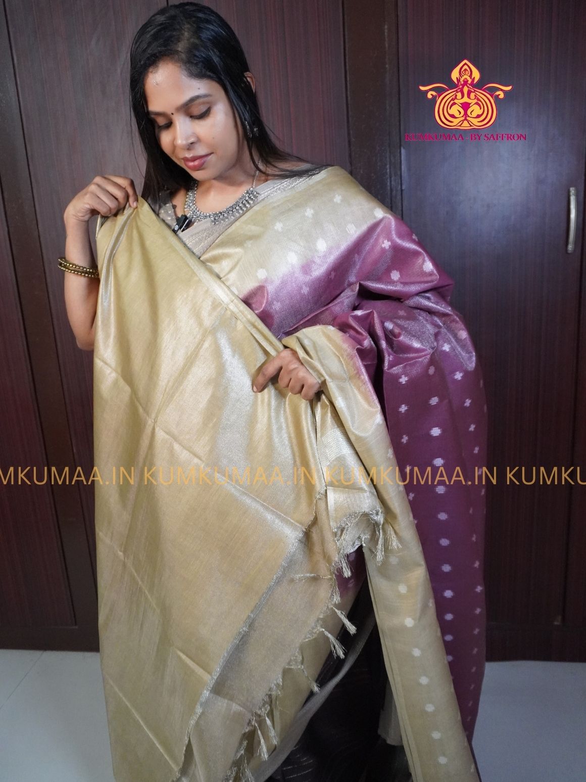 FANCY SAREE - MAJANTA AND BEIGE - GOLD PRINTS ALL OVER- TRENDY WEAR SAREE- Beautiful saree for women - KUMKUMAA FANCY FOR ALL OCCASION