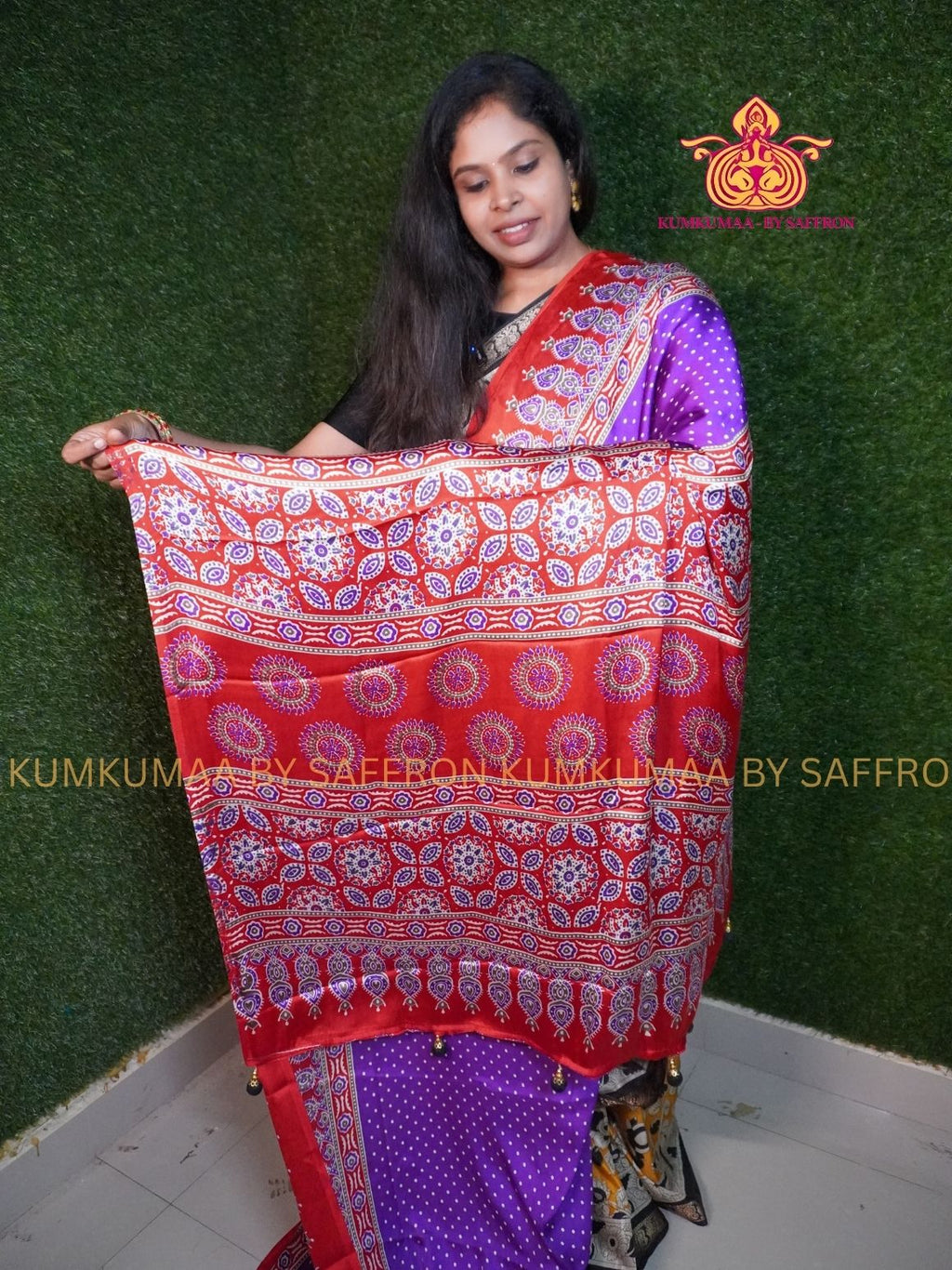 MODAL SILK - PURPLE WITH RED- DOTS DESIGN - TRENDY WEAR- LATEST COLLECTION - BUTTERY SOFT-KUMKUMAA BY SAFFRON - MODERN WEAR