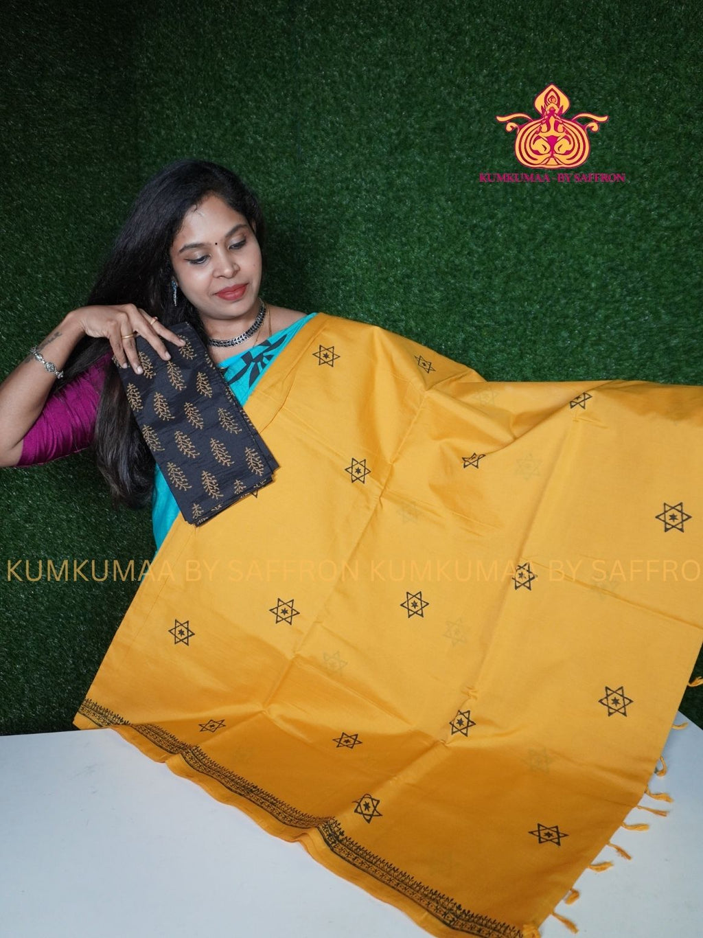 SOUTH COTTON-YELLOW - BLACK HAND BLOCK PRINTED SAREE WITH RUNNING BLOUSE PLUS ADDITIONAL BLOUSE PIECE-KUMKUMAA COMFORT WEAR SAREE