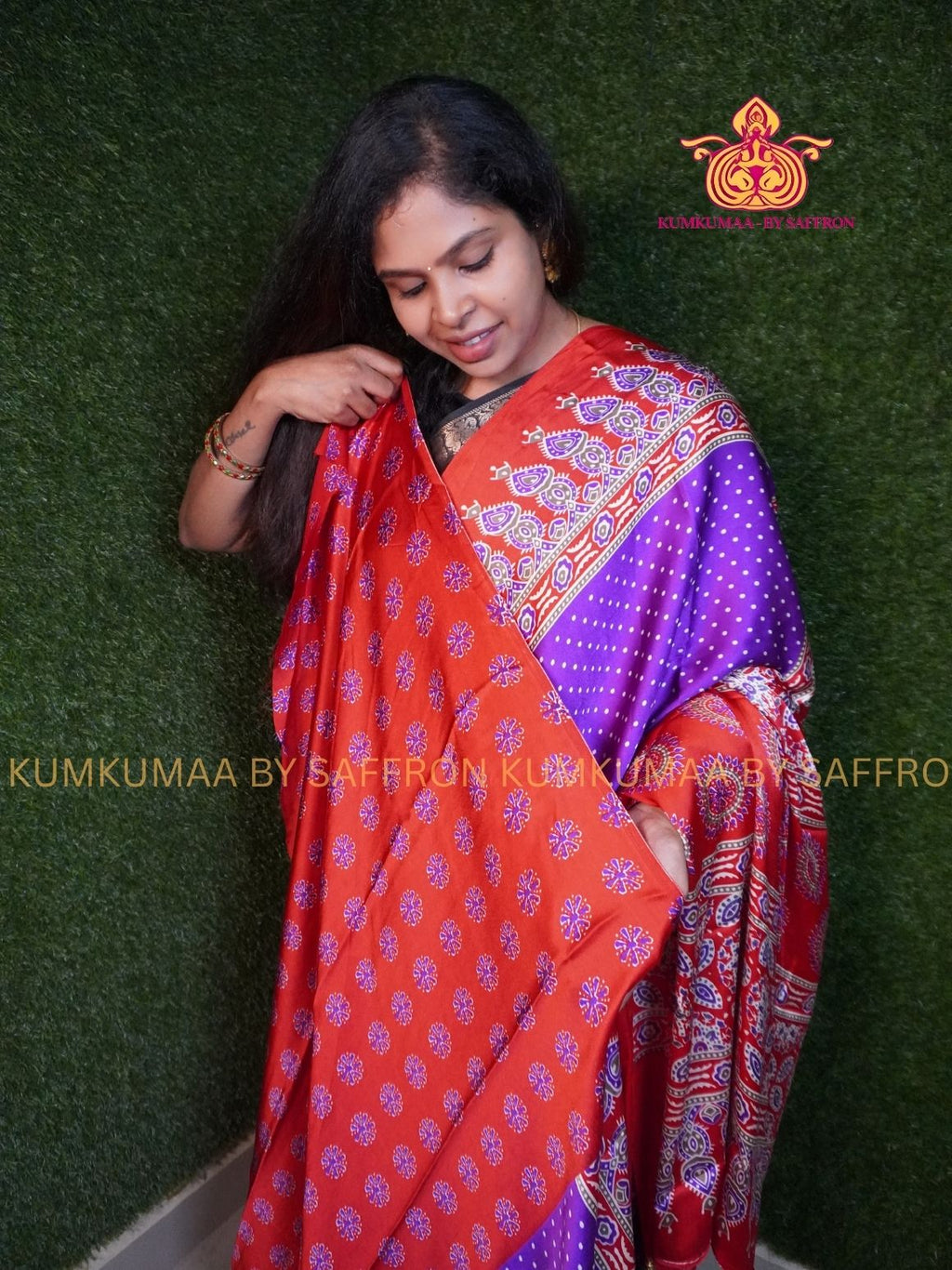 MODAL SILK - PURPLE WITH RED- DOTS DESIGN - TRENDY WEAR- LATEST COLLECTION - BUTTERY SOFT-KUMKUMAA BY SAFFRON - MODERN WEAR