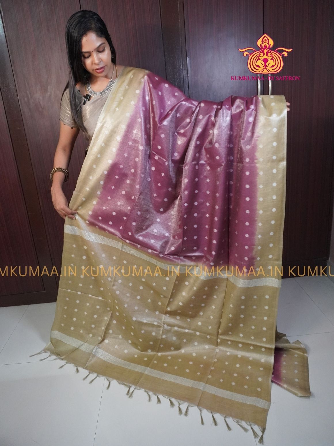 FANCY SAREE - MAJANTA AND BEIGE - GOLD PRINTS ALL OVER- TRENDY WEAR SAREE- Beautiful saree for women - KUMKUMAA FANCY FOR ALL OCCASION