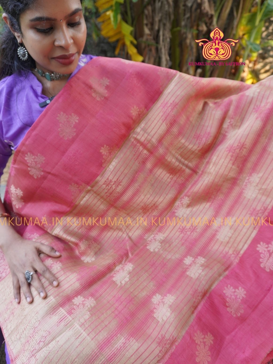 RAW SILK SAREE - PINK SAREE WITH FLORAL DESIGN - ETHNIC WEAR - EXCLUSIVE KUMKUMAA COLLECTION- RAW SILK MATERIAL -FESTIVE