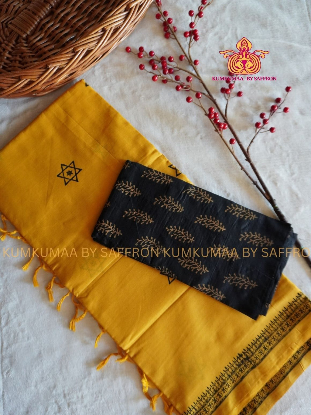 SOUTH COTTON-YELLOW - BLACK HAND BLOCK PRINTED SAREE WITH RUNNING BLOUSE PLUS ADDITIONAL BLOUSE PIECE-KUMKUMAA COMFORT WEAR SAREE