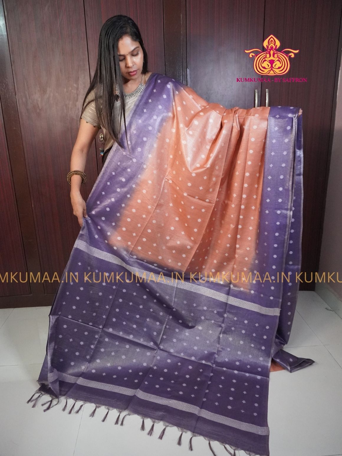 FANCY SAREE - PURPLE AND ORANGE - GOLD PRINTS ALL OVER- TRENDY WEAR SAREE- Beautiful saree for women - KUMKUMAA FANCY FOR ALL OCCASION