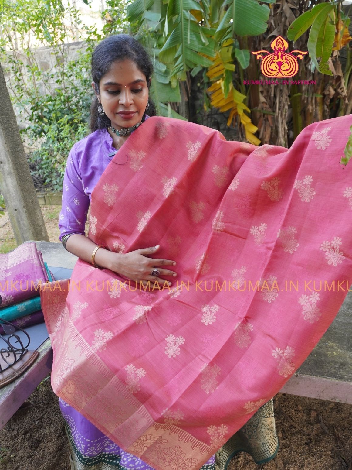 RAW SILK SAREE - PINK SAREE WITH FLORAL DESIGN - ETHNIC WEAR - EXCLUSIVE KUMKUMAA COLLECTION- RAW SILK MATERIAL -FESTIVE