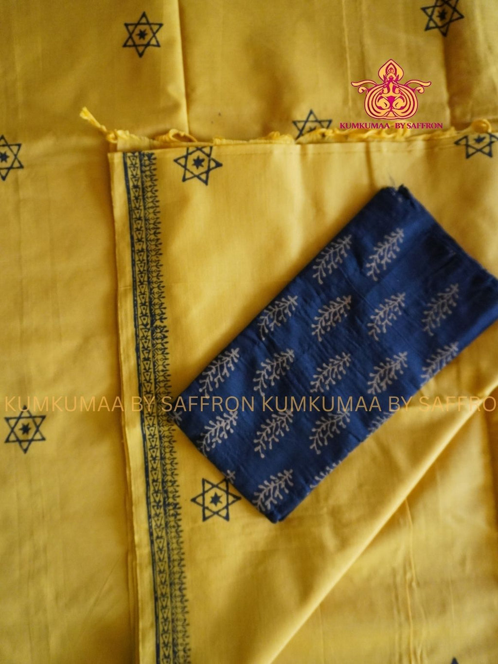 SOUTH COTTON-YELLOW - BLACK HAND BLOCK PRINTED SAREE WITH RUNNING BLOUSE PLUS ADDITIONAL BLOUSE PIECE-KUMKUMAA COMFORT WEAR SAREE