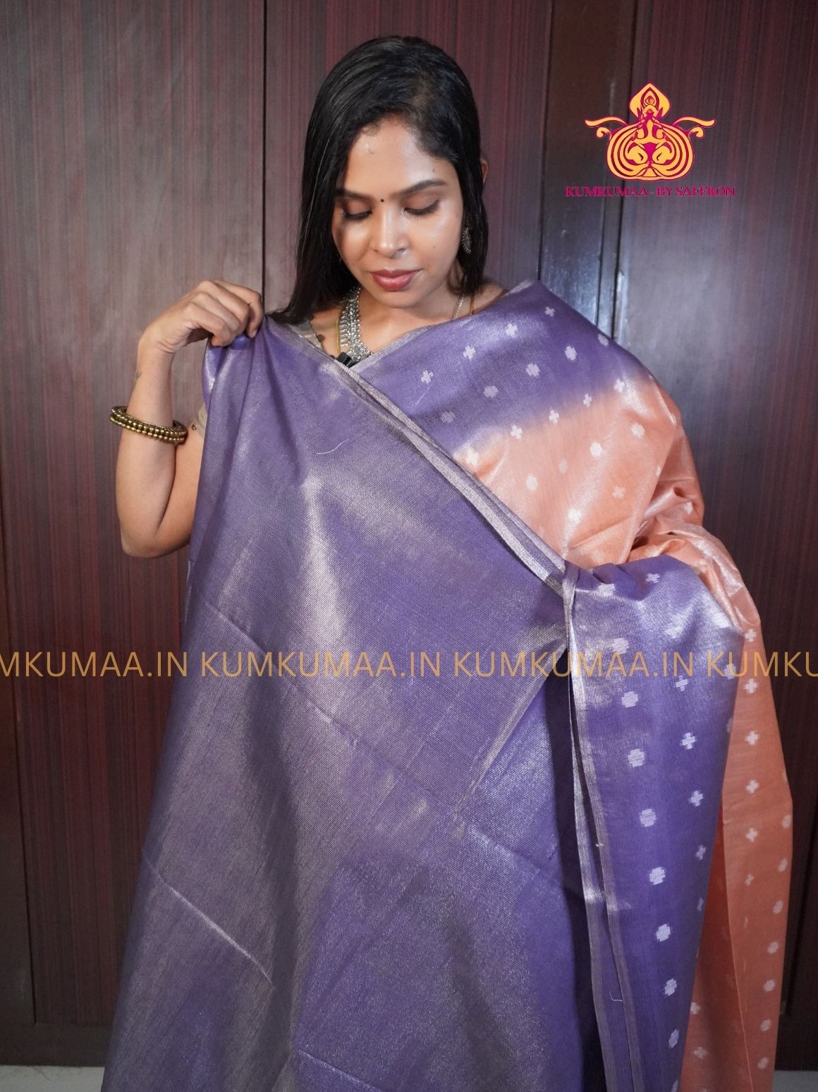 FANCY SAREE - PURPLE AND ORANGE - GOLD PRINTS ALL OVER- TRENDY WEAR SAREE- Beautiful saree for women - KUMKUMAA FANCY FOR ALL OCCASION