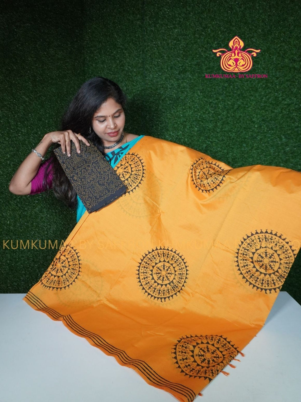 SOUTH COTTON-YELLOW - BLACK HAND BLOCK PRINTED SAREE WITH RUNNING BLOUSE PLUS ADDITIONAL BLOUSE PIECE-KUMKUMAA COMFORT WEAR SAREE (Copy)