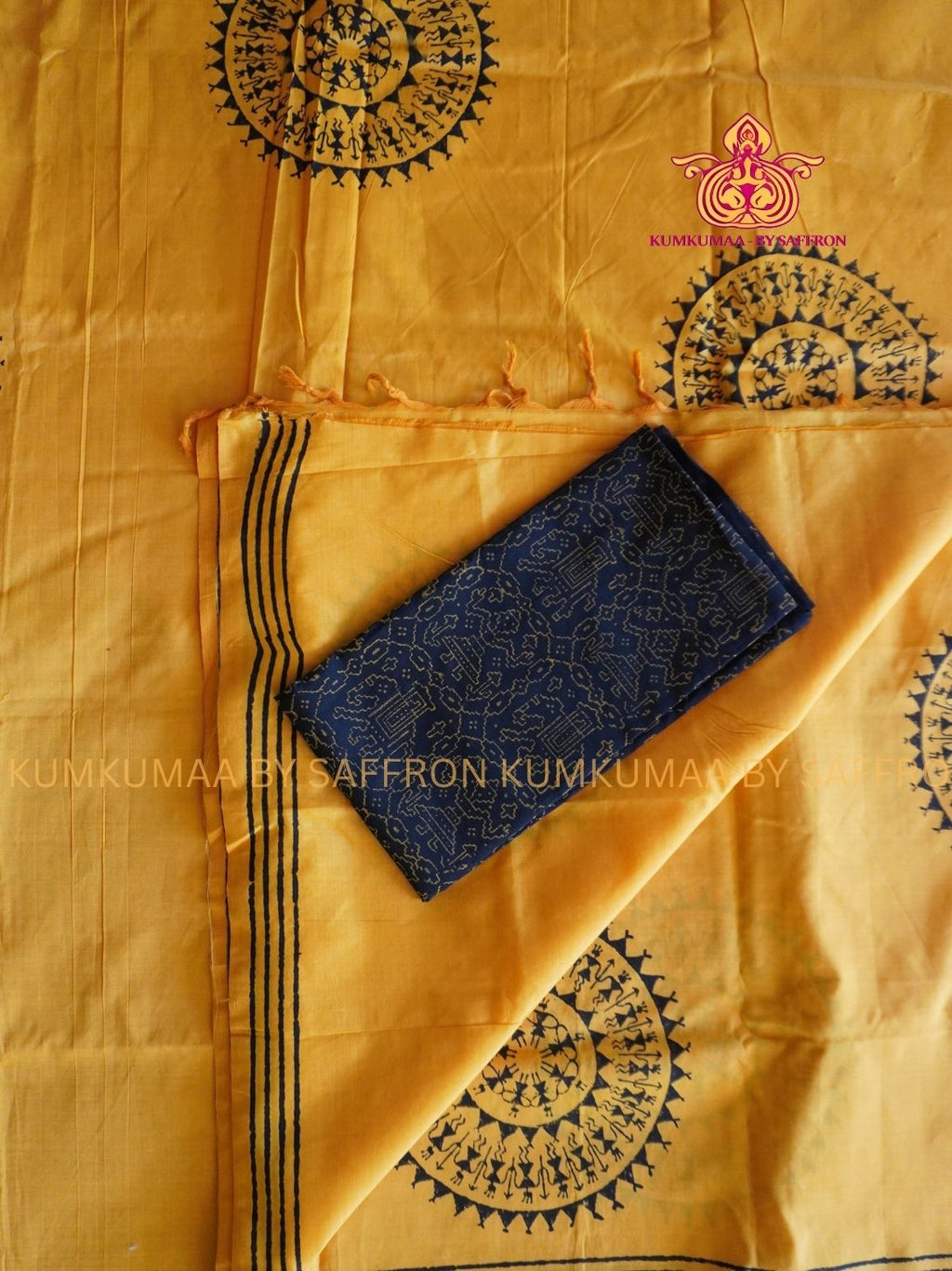 SOUTH COTTON-YELLOW - BLACK HAND BLOCK PRINTED SAREE WITH RUNNING BLOUSE PLUS ADDITIONAL BLOUSE PIECE-KUMKUMAA COMFORT WEAR SAREE (Copy)