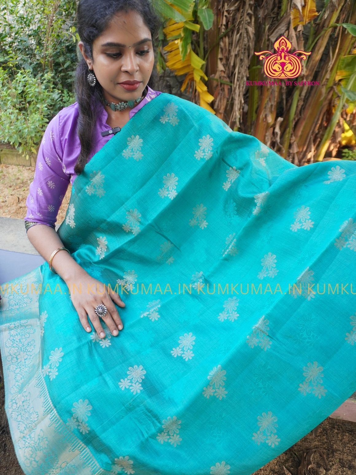 RAW SILK SAREE - GREEN SAREE WITH FLORAL DESIGN - ETHNIC WEAR - EXCLUSIVE KUMKUMAA COLLECTION- RAW SILK MATERIAL -FESTIVE