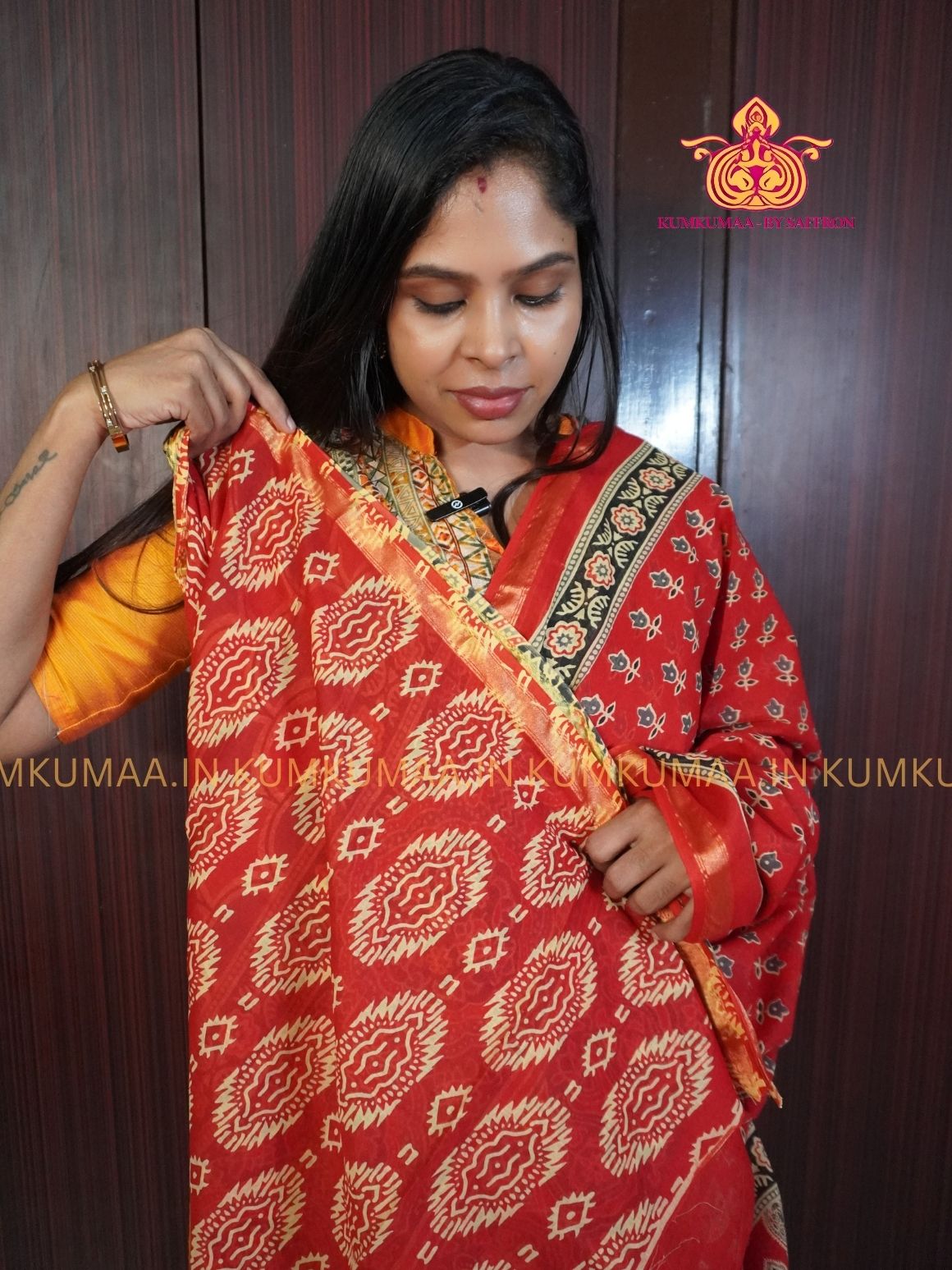 MUL COTTON- RED & BLACK SAREE WITH BLOUSE - AJRAKH PRINT- SOFTEST EVERYDAY WEAR - BEST COTTON SAREE- COMFORT AND TRENDY - STYLE WITH COMFORT - Kumkumaa EVERYDAY SAREE