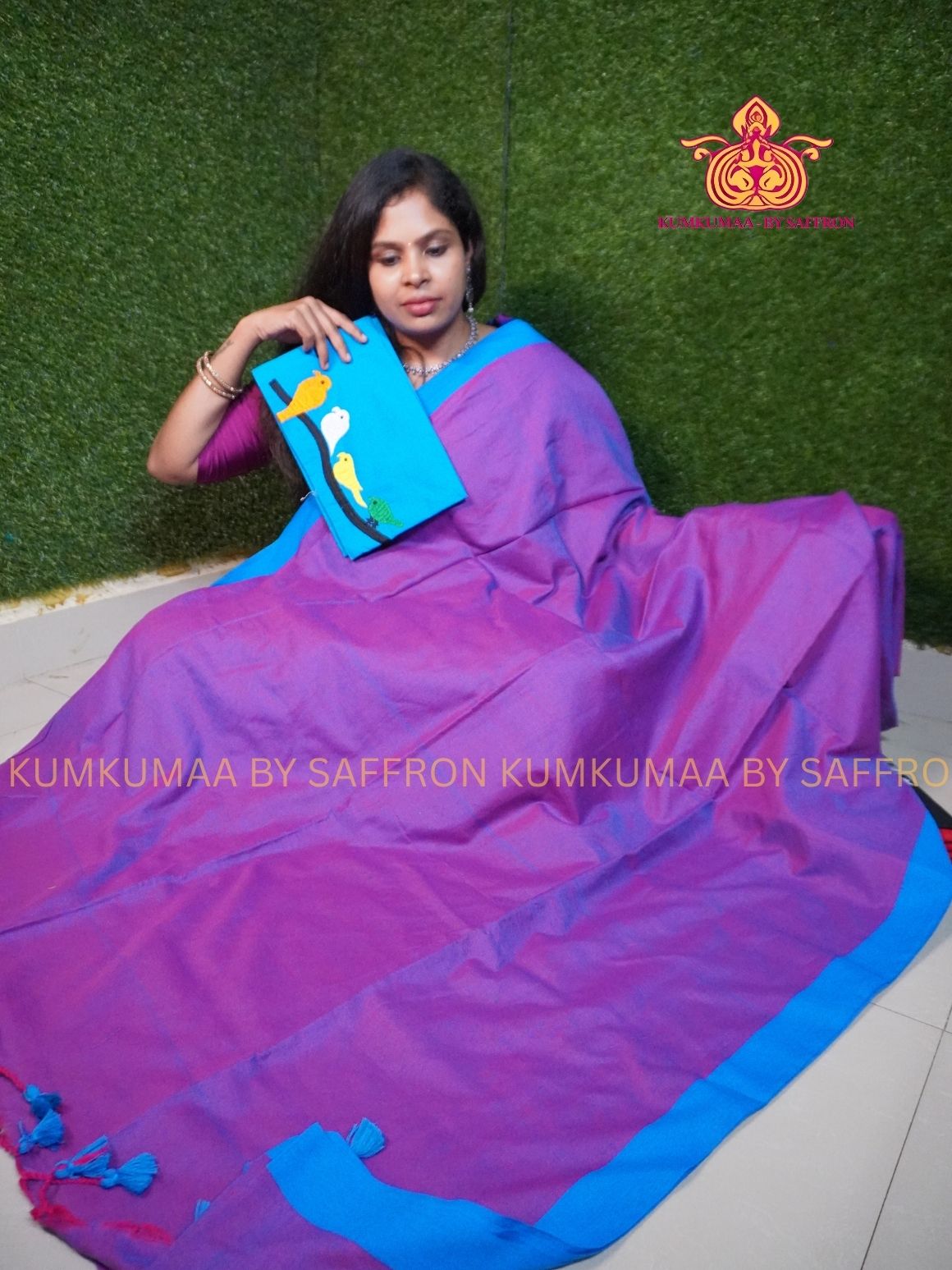 KATHI COTTON- PURPLE BLUE SAREE WITH BLOUSE- EXTRA BLOUSE WITH EMBROIDERY DESIGN - Kumkumaa Exclusive SOFT KADHI COTTON - FANCY COMFORT