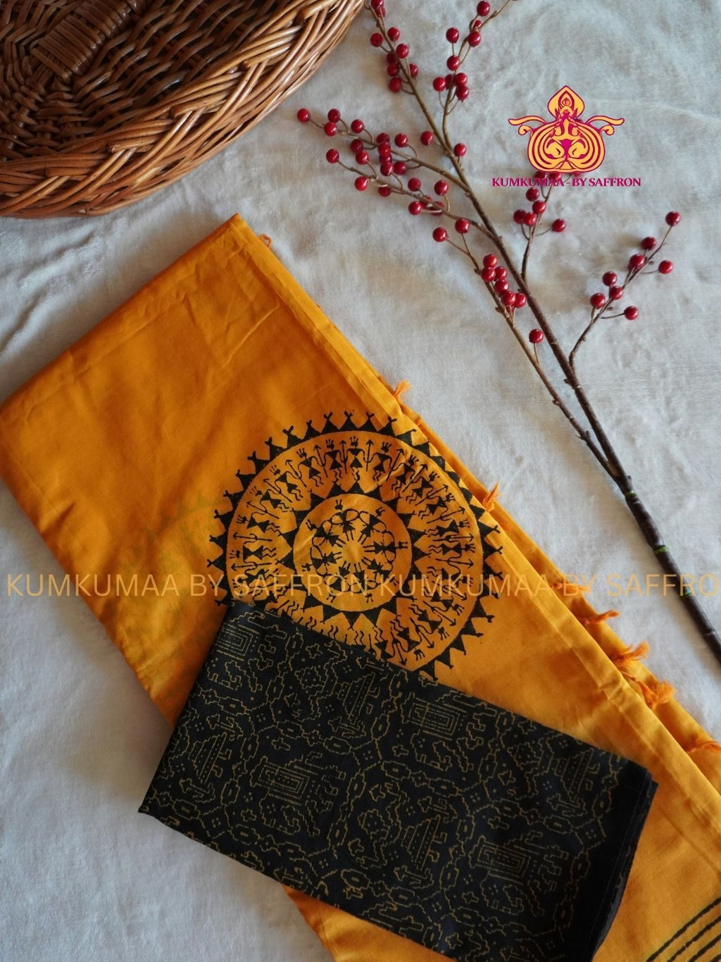 SOUTH COTTON-YELLOW - BLACK HAND BLOCK PRINTED SAREE WITH RUNNING BLOUSE PLUS ADDITIONAL BLOUSE PIECE-KUMKUMAA COMFORT WEAR SAREE (Copy)