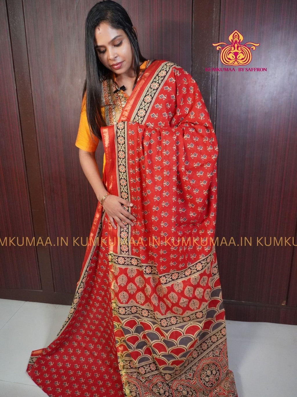 MUL COTTON- RED & BLACK SAREE WITH BLOUSE - AJRAKH PRINT- SOFTEST EVERYDAY WEAR - BEST COTTON SAREE- COMFORT AND TRENDY - STYLE WITH COMFORT - Kumkumaa EVERYDAY SAREE