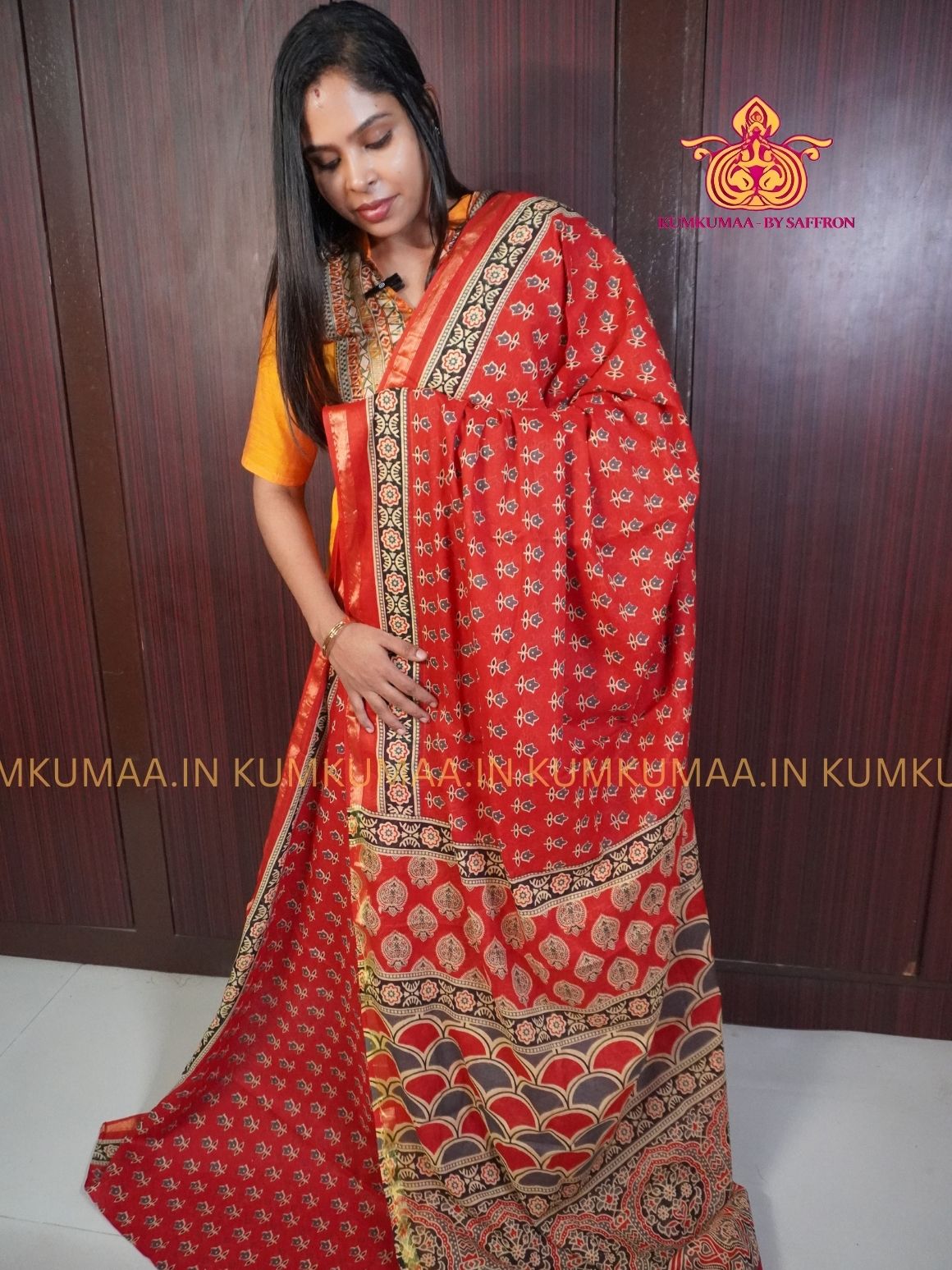 MUL COTTON- RED & BLACK SAREE WITH BLOUSE - AJRAKH PRINT- SOFTEST EVERYDAY WEAR - BEST COTTON SAREE- COMFORT AND TRENDY - STYLE WITH COMFORT - Kumkumaa EVERYDAY SAREE