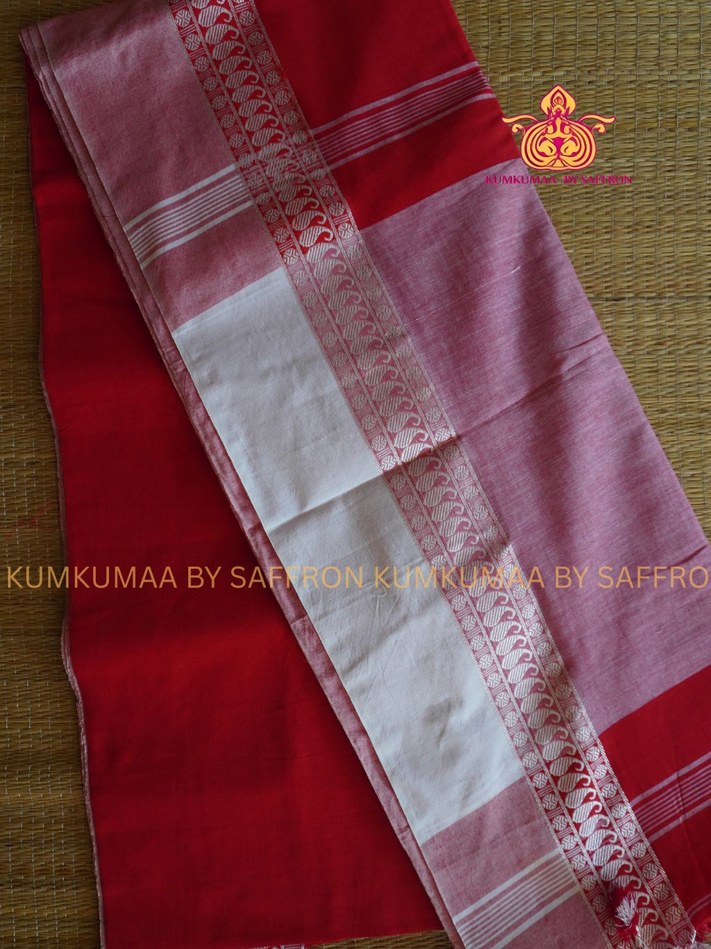 KATHI COTTON- RED SAREE WITH WHITE - WITH BLOUSE PLAIN KADHI COTTON - Kumkumaa Exclusive SOFT COMFORTABLE AND TRENDY - FANCY COMFORT