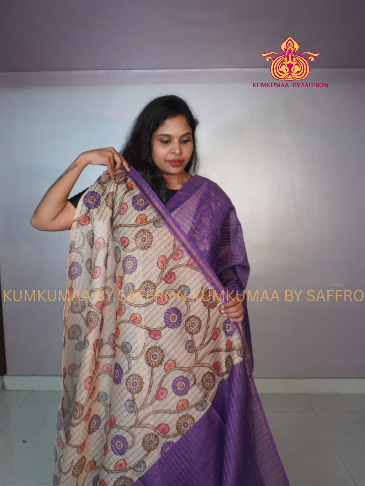 COTTON SILK- PURPLE AND BEIGE SAREE WITH BLOUSE -FLORAL KALAMKARI DESIGN - Kumkumaa FESTIVE - OCCASION ELEGANCE - STYLISH AND BEAUTIFUL