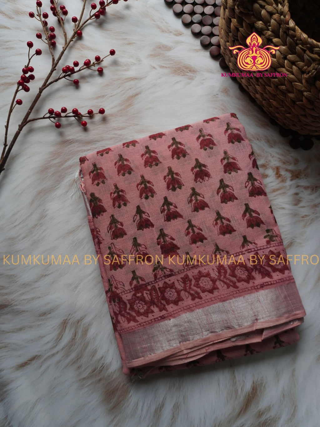 LINEN COTTON- BABY PINK WITH RED FLORAL DESIGN PRINTED SAREE- Soft and comfortable everyday wear saree - WITH BLOUSE - Kumkumaa exclusive - Comfort wear Collection- Trendy and comfortable