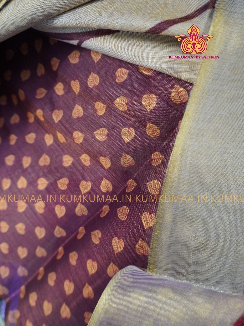 SOFT TISSUE - MILD GOLD WITH RED COLOUR WITH BLOUSE - TISSUE WEAVING - KERALA TISSUE WITH CREEPER DESIGN - PRINTED BLOUSE-KUMKUMAA EXCLUSIVE