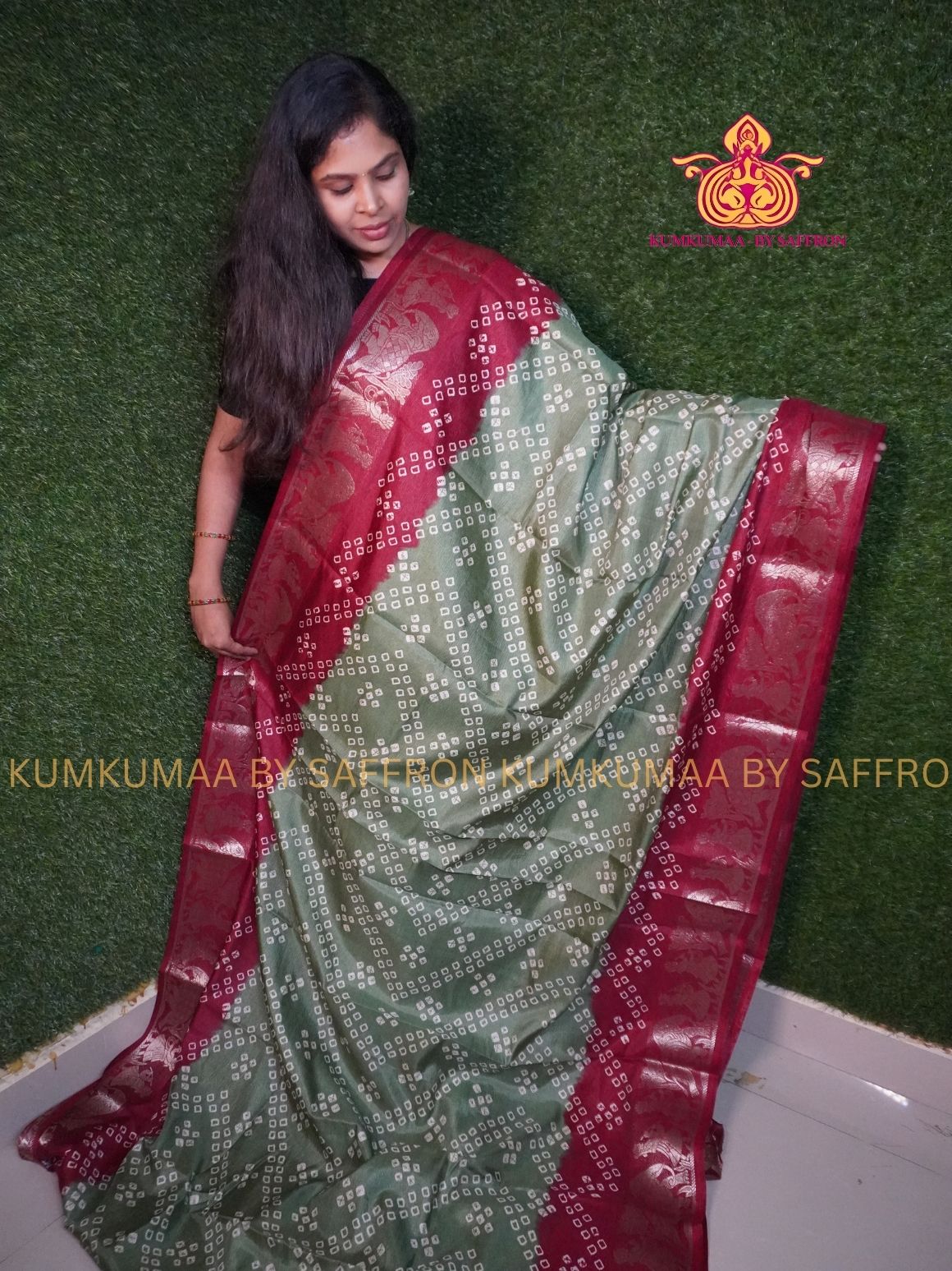 Dola Silk - COMFORTABLE FESTIVE Beautiful saree for women- PASTEL GREEN - MAROON COLOUR - IKKAT PATOLA DESIGN - ZARI BORDER - KUMKUMAA TRENDY TRADITIONAL WEAR - Comfort - Confidence - Elegance