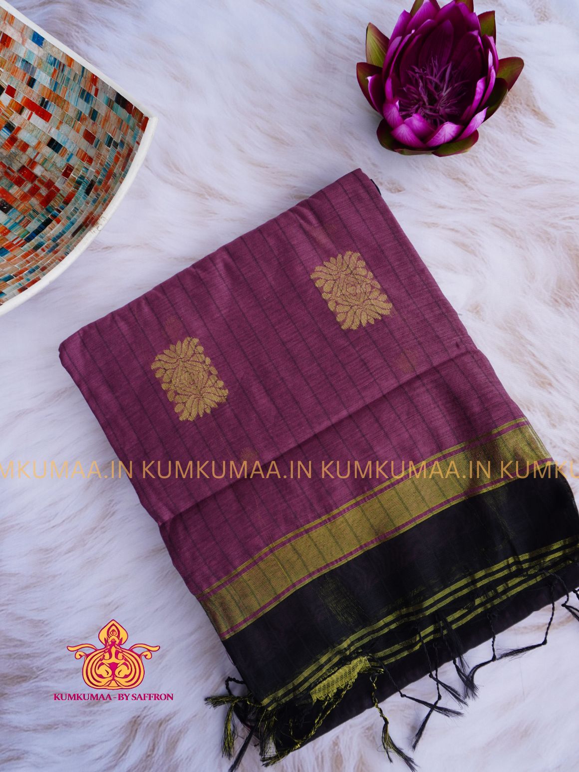 PURE COTTON- BLACK AND MAUVE COLOUR STRIPED PRINT SAREE WITH BLOUSE - TRENDY - FLORAL DESIGN - Kumkumaa Exclusive COLLECTION - LATEST ELEGANT SAREE