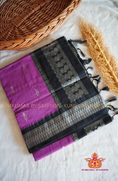 KALYANI COTTON - PINK SAREE WITH BLACK SILVER ZARI BORDER - Kumkumaa Exclusive traditional festival temple wear