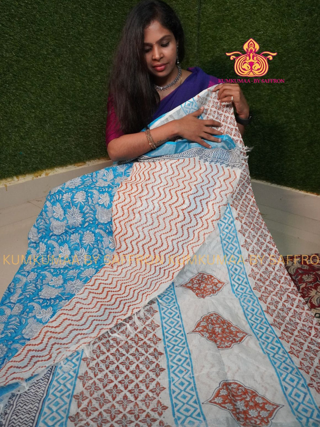 LINEN COTTON- LIGHT BLUE WITH WHITE COLOUR SAREE- KALAMKARI DESIGN - Soft and comfortable everyday wear saree - WITH BLOUSE - Kumkumaa exclusive - Comfort wear Collection- Trendy and comfortable