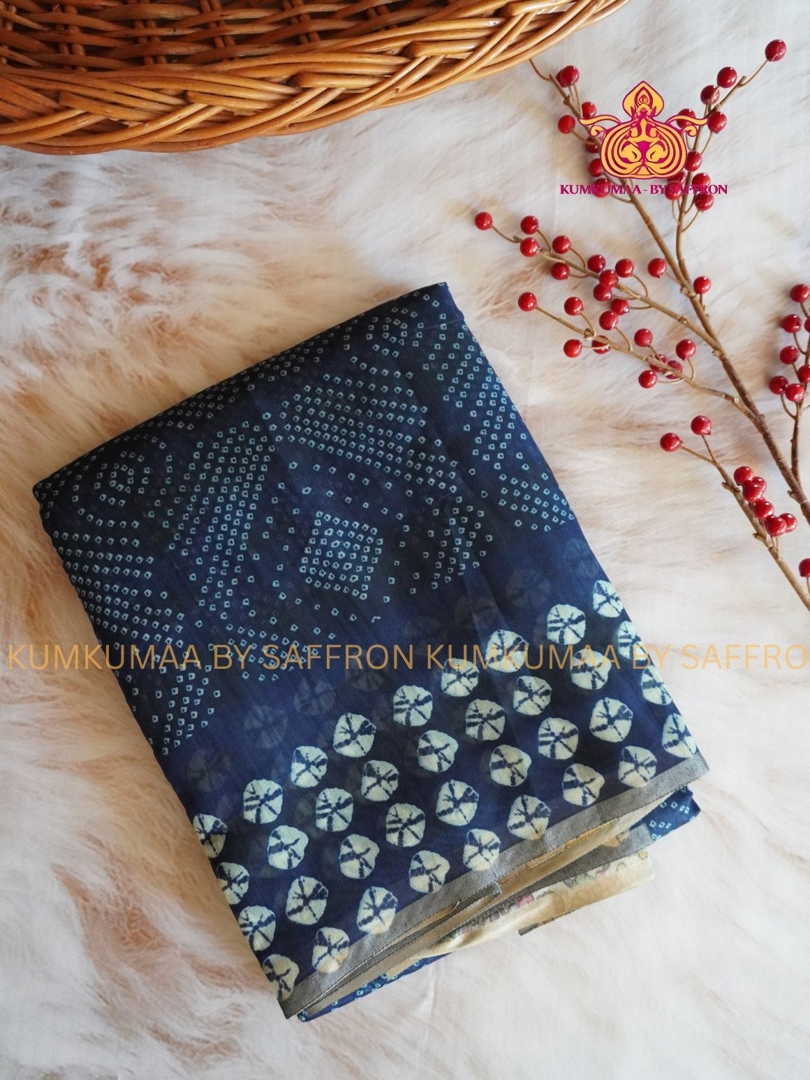 CHANDERI COTTON - BLUE - BANDHINI DESIGN FLORAL BLOUSE AND PALLU- PROFESSIONAL WEAR- MINIMALIST BORDER - LATEST COLLECTION - KUMKUMAA BY SAFFRON - ELITE DESIGN