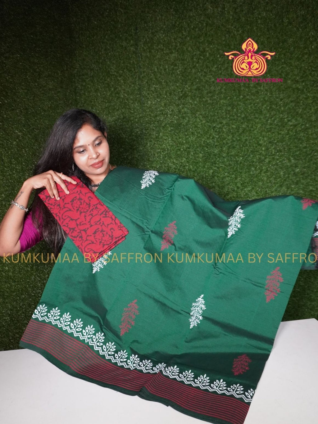 SOUTH COTTON-DARK GREEN - RED AND WHITE HAND BLOCK PRINTED SAREE WITH RUNNING BLOUSE PLUS ADDITIONAL BLOUSE PIECE-KUMKUMAA COMFORT WEAR SAREE