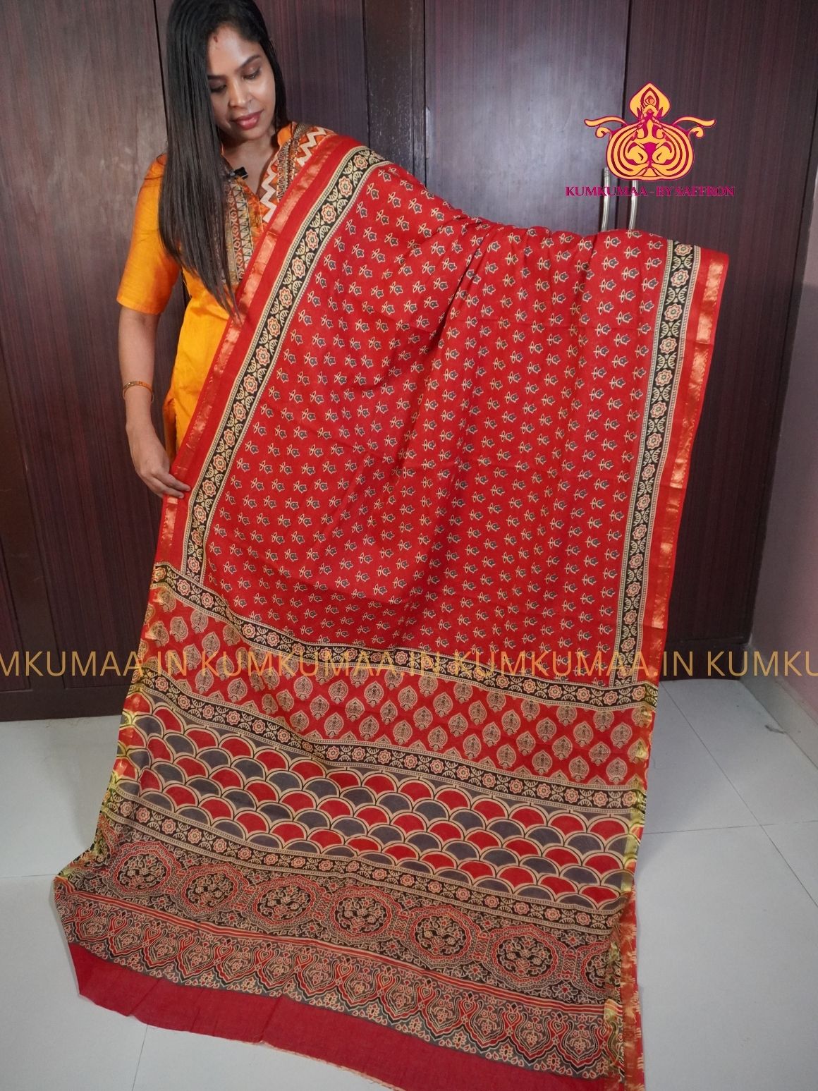 MUL COTTON- RED & BLACK SAREE WITH BLOUSE - AJRAKH PRINT- SOFTEST EVERYDAY WEAR - BEST COTTON SAREE- COMFORT AND TRENDY - STYLE WITH COMFORT - Kumkumaa EVERYDAY SAREE