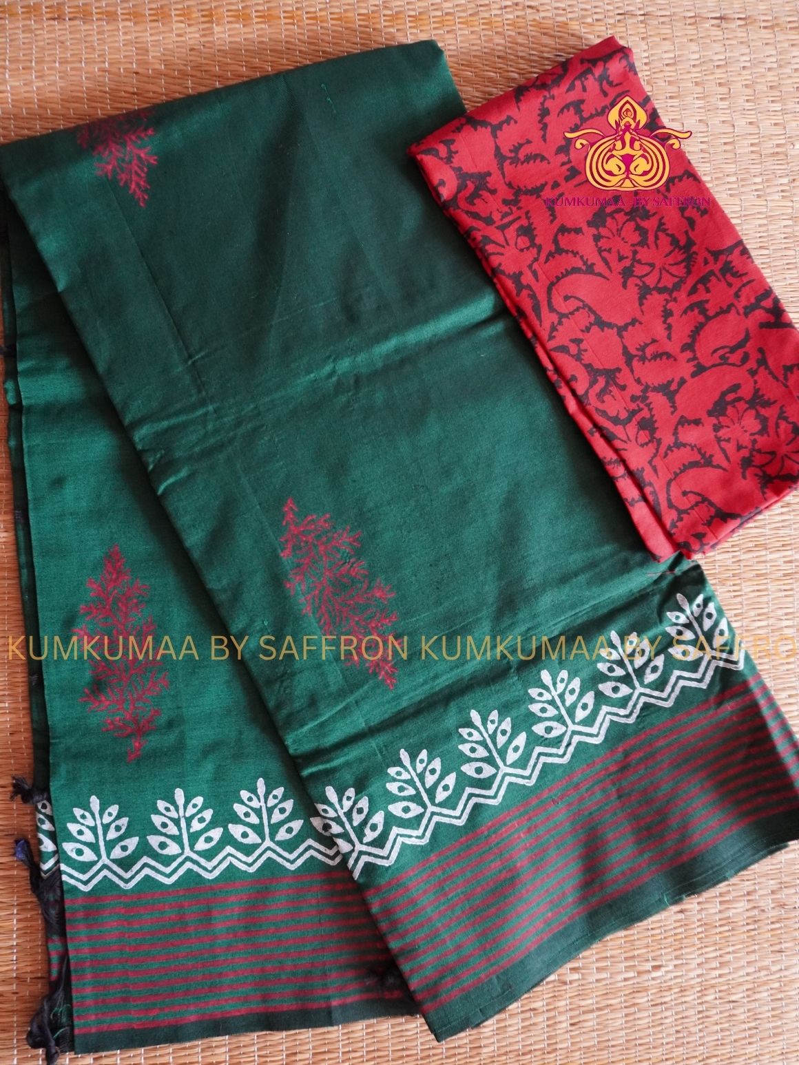 SOUTH COTTON-DARK GREEN - RED AND WHITE HAND BLOCK PRINTED SAREE WITH RUNNING BLOUSE PLUS ADDITIONAL BLOUSE PIECE-KUMKUMAA COMFORT WEAR SAREE