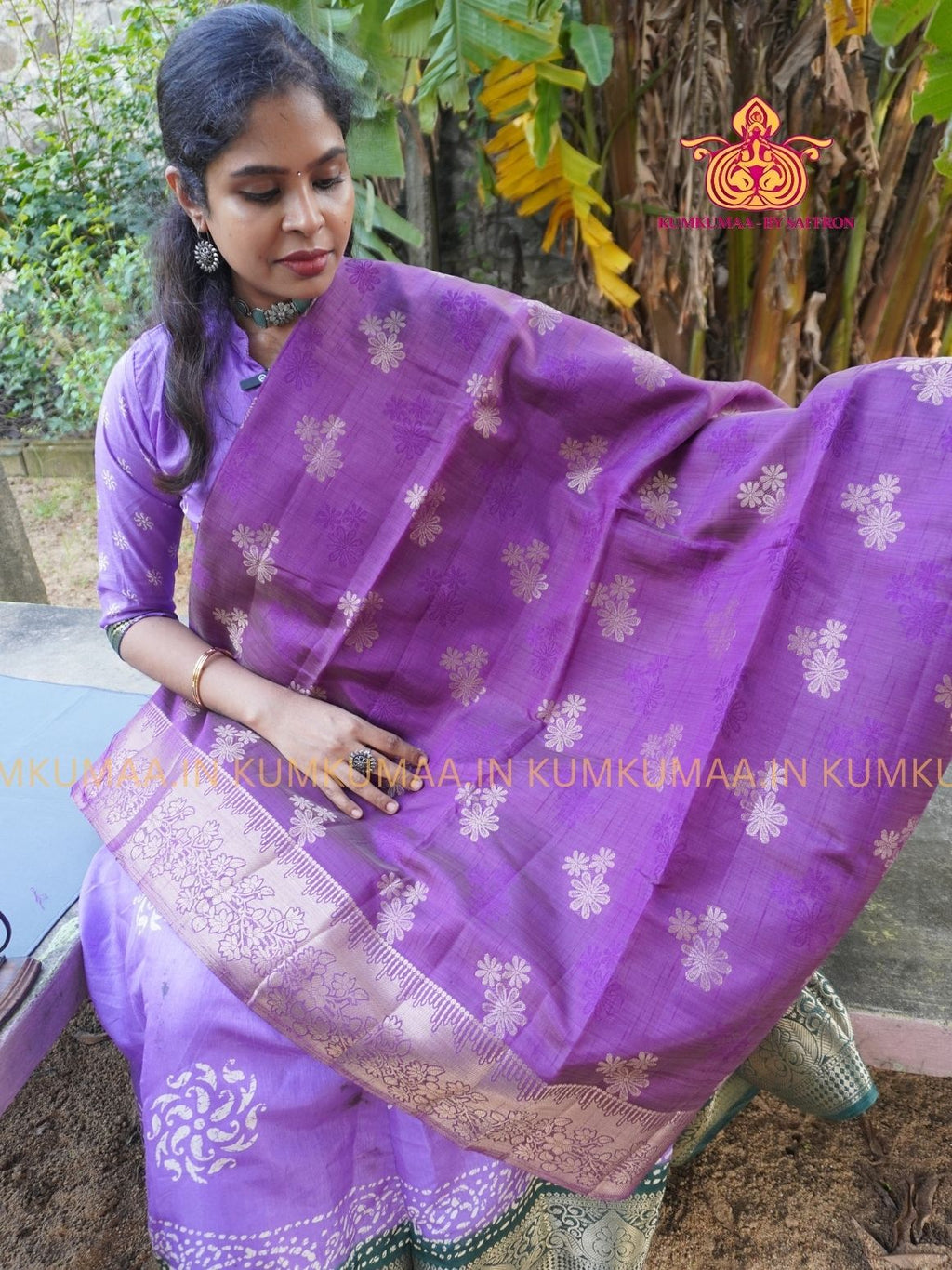RAW SILK SAREE - PURPLE SAREE WITH FLORAL DESIGN - ETHNIC WEAR - EXCLUSIVE KUMKUMAA COLLECTION- RAW SILK MATERIAL -FESTIVE