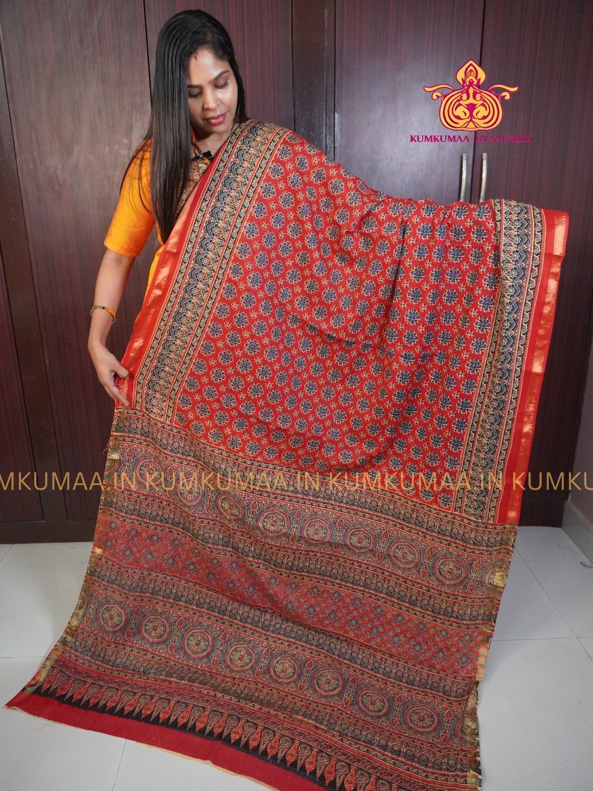 MUL COTTON- RED & BLACK SAREE WITH BLOUSE - AJRAKH PRINT- SOFTEST EVERYDAY WEAR - BEST COTTON SAREE- COMFORT AND TRENDY - STYLE WITH COMFORT - Kumkumaa EVERYDAY SAREE