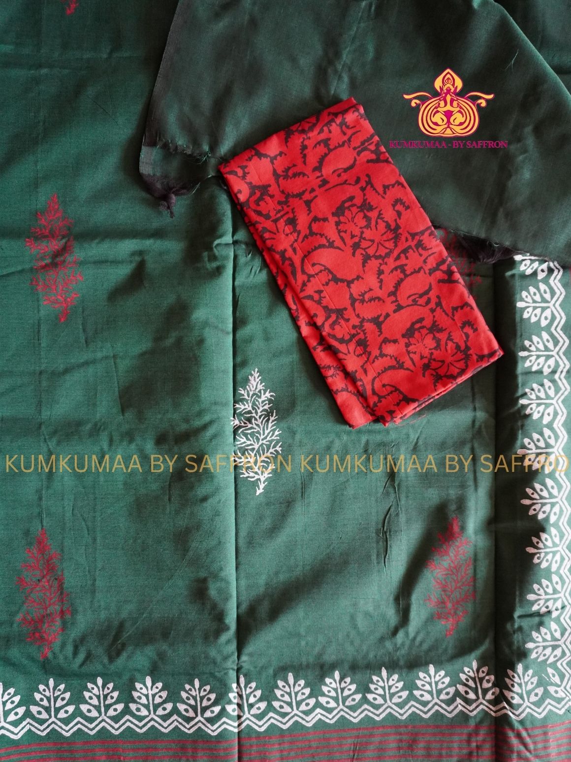 SOUTH COTTON-DARK GREEN - RED AND WHITE HAND BLOCK PRINTED SAREE WITH RUNNING BLOUSE PLUS ADDITIONAL BLOUSE PIECE-KUMKUMAA COMFORT WEAR SAREE