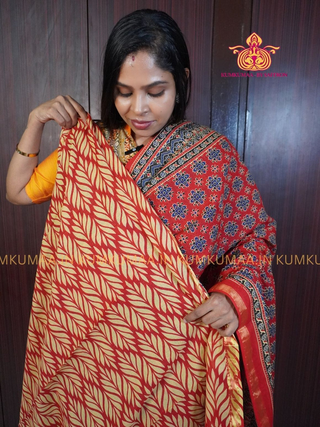 MUL COTTON- RED & BLACK SAREE WITH BLOUSE - AJRAKH PRINT- SOFTEST EVERYDAY WEAR - BEST COTTON SAREE- COMFORT AND TRENDY - STYLE WITH COMFORT - Kumkumaa EVERYDAY SAREE