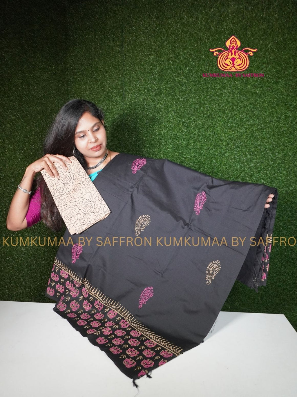 SOUTH COTTON-BLACK - BEIGE AND PINK HAND BLOCK PRINTED SAREE WITH RUNNING BLOUSE PLUS ADDITIONAL BLOUSE PIECE-KUMKUMAA COMFORT WEAR SAREE