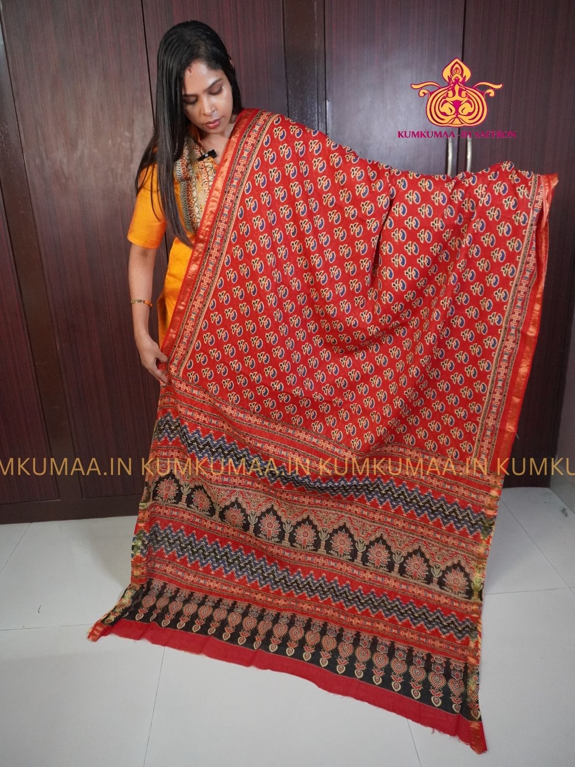MUL COTTON- RED & BLACK SAREE WITH BLOUSE - AJRAKH PRINT- SOFTEST EVERYDAY WEAR - BEST COTTON SAREE- COMFORT AND TRENDY - STYLE WITH COMFORT - Kumkumaa EVERYDAY SAREE