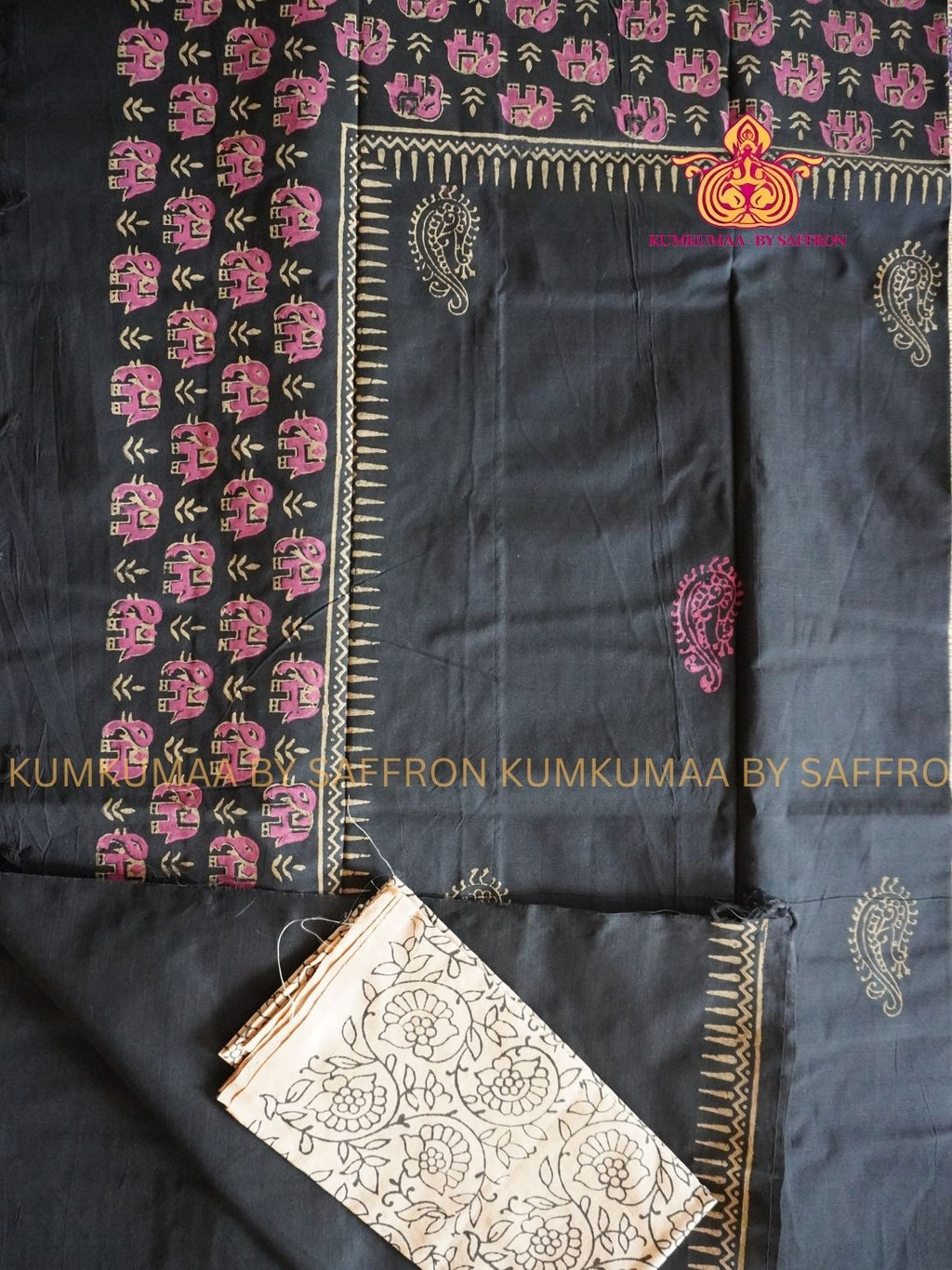SOUTH COTTON-BLACK - BEIGE AND PINK HAND BLOCK PRINTED SAREE WITH RUNNING BLOUSE PLUS ADDITIONAL BLOUSE PIECE-KUMKUMAA COMFORT WEAR SAREE