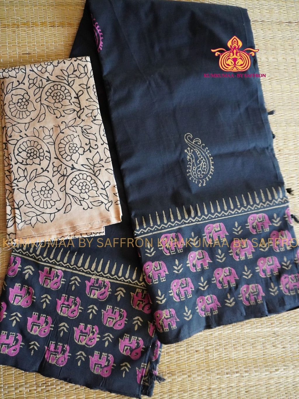 SOUTH COTTON-BLACK - BEIGE AND PINK HAND BLOCK PRINTED SAREE WITH RUNNING BLOUSE PLUS ADDITIONAL BLOUSE PIECE-KUMKUMAA COMFORT WEAR SAREE
