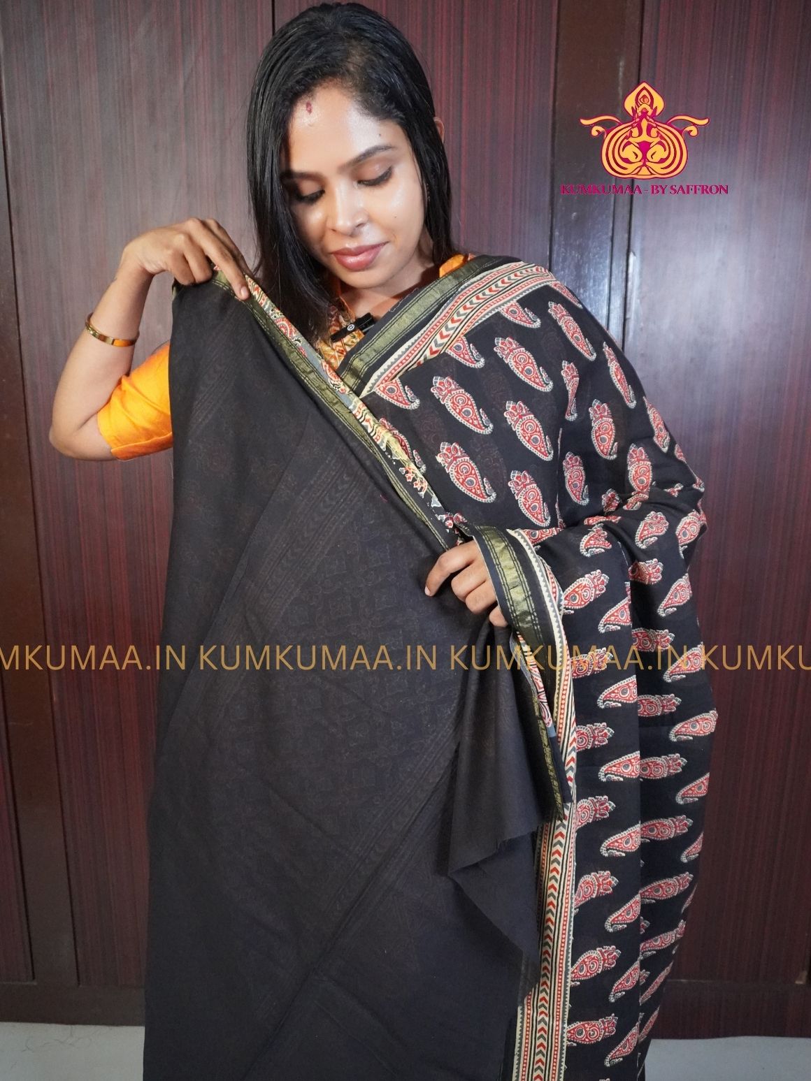 MUL COTTON- BLACK & RED SAREE WITH BLOUSE - AJRAKH PRINT- SOFTEST EVERYDAY WEAR - BEST COTTON SAREE- COMFORT AND TRENDY - STYLE WITH COMFORT - Kumkumaa EVERYDAY SAREE