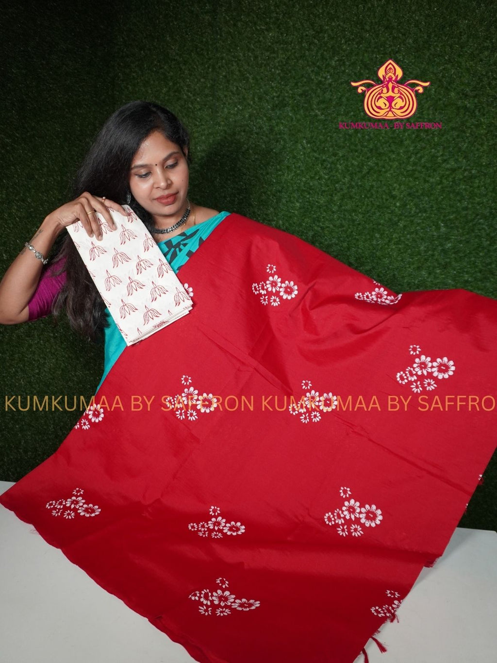 SOUTH COTTON-RED - WHITE HAND BLOCK PRINTED SAREE WITH RUNNING BLOUSE PLUS ADDITIONAL BLOUSE PIECE-KUMKUMAA COMFORT WEAR SAREE