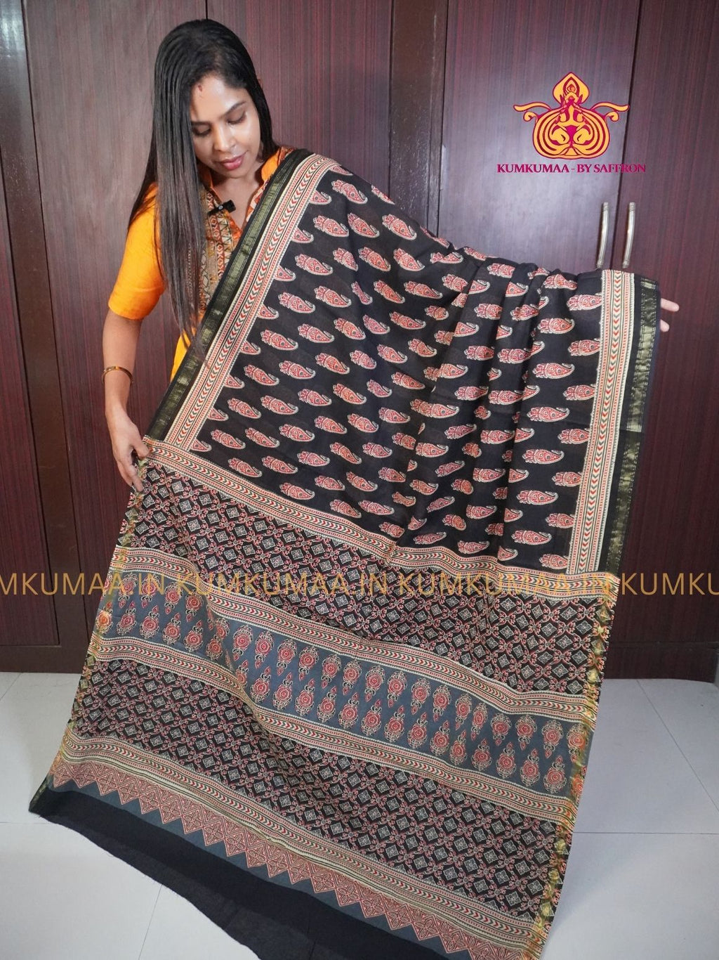 MUL COTTON- BLACK & RED SAREE WITH BLOUSE - AJRAKH PRINT- SOFTEST EVERYDAY WEAR - BEST COTTON SAREE- COMFORT AND TRENDY - STYLE WITH COMFORT - Kumkumaa EVERYDAY SAREE