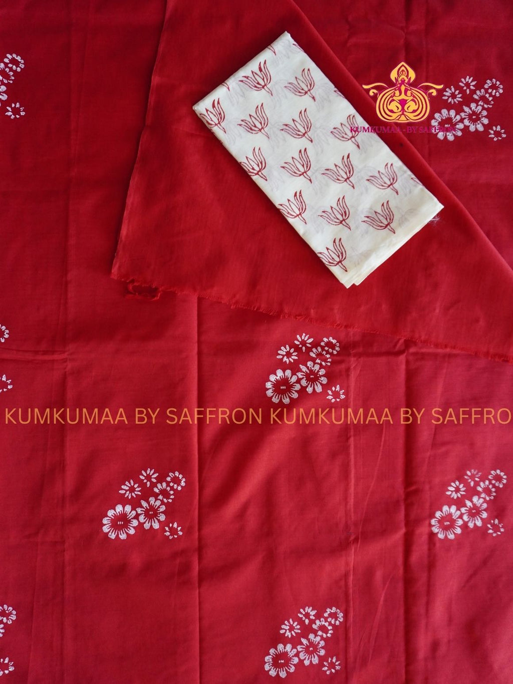 SOUTH COTTON-RED - WHITE HAND BLOCK PRINTED SAREE WITH RUNNING BLOUSE PLUS ADDITIONAL BLOUSE PIECE-KUMKUMAA COMFORT WEAR SAREE